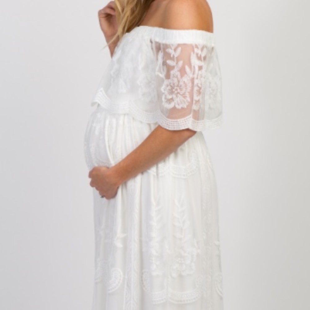 White Off the Shoulder Lace Maternity  Dress